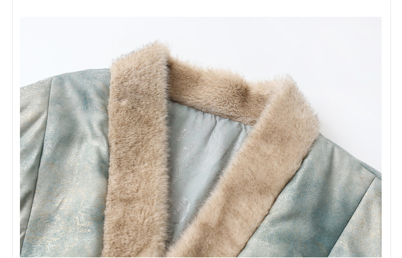 New Chinese Style Feather Collar Embroidered Cotton Jacket for Women