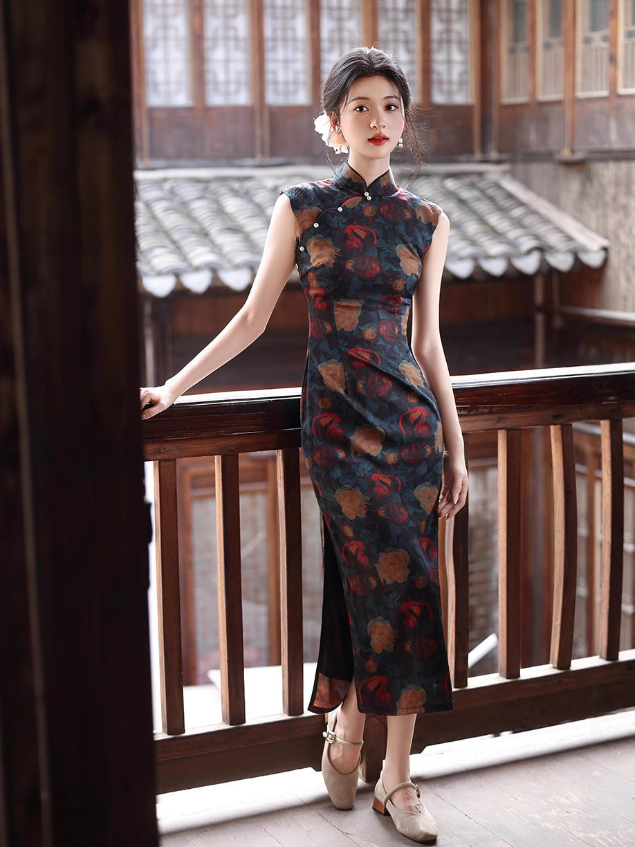 Retro Hong Kong Rose Cheongsam – Sleeveless Youth Dress