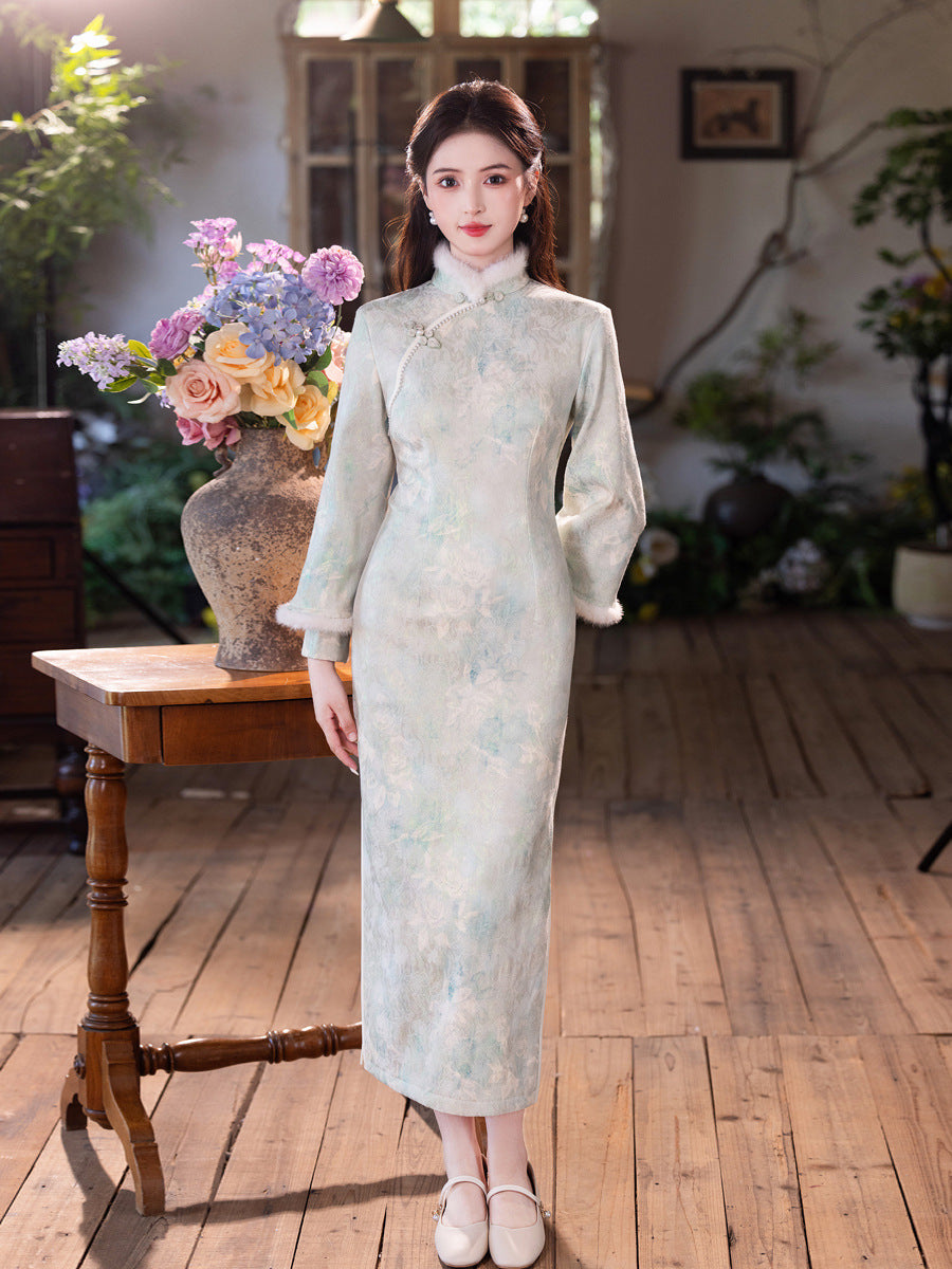 Elegant Satin Beaded Winter Qipao | Fleece-Lined Thickened Long Dress
