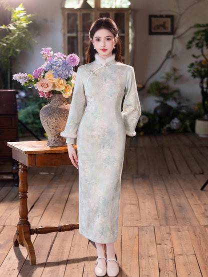 Elegant Satin Beaded Winter Qipao | Fleece-Lined Thickened Long Dress