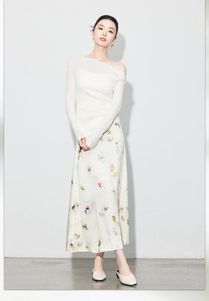 Chic Printed Midi Skirt, Side Slit Design for Women