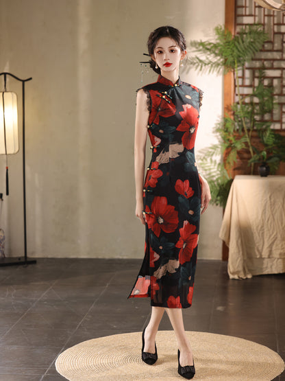 Elegant Dark Green Cheongsam – Retro Spring High-End Dress