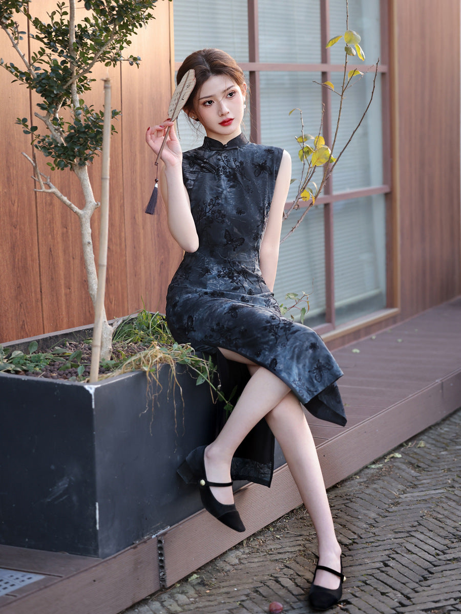 Tie-Dye Velvet Cheongsam – 2025 Sleeveless Mid-Length Dress