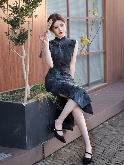 Tie-Dye Velvet Cheongsam – 2025 Sleeveless Mid-Length Dress
