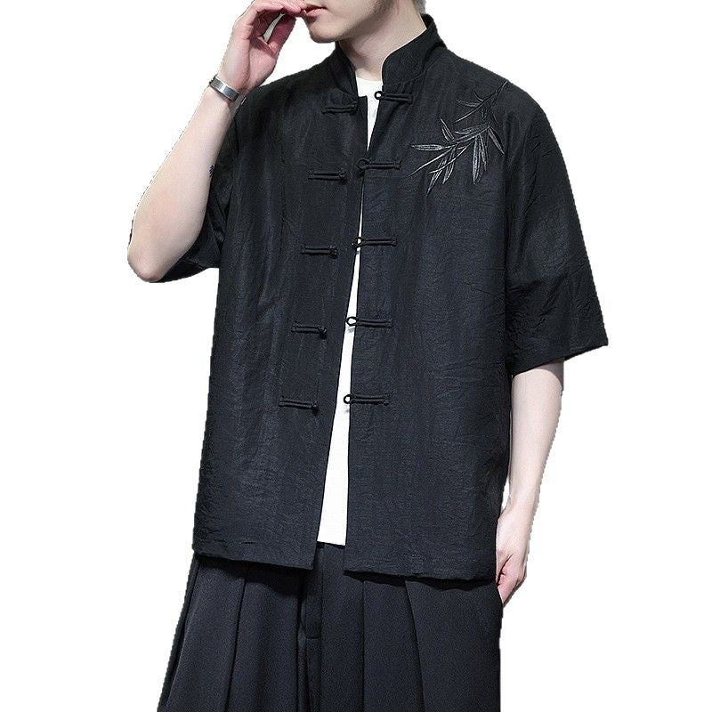 Mens Summer Chinese Embroidered Tang Shirt Hanfu Jushi Suit