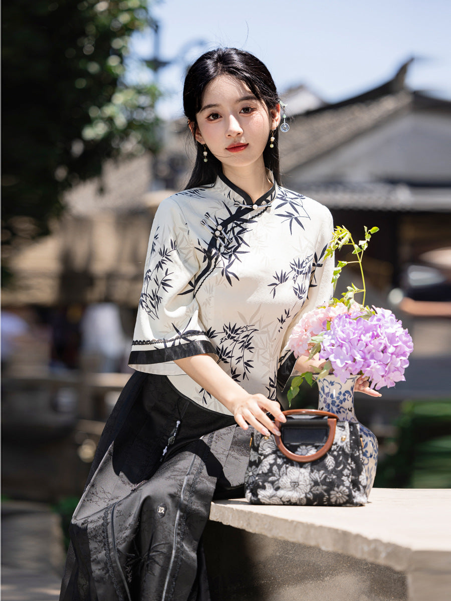 Elegant Improved Cheongsam Top & Hanfu Ink Design Skirt Set