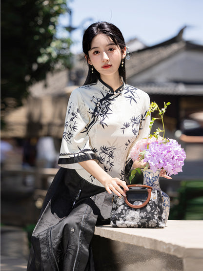 Elegant Improved Cheongsam Top & Hanfu Ink Design Skirt Set
