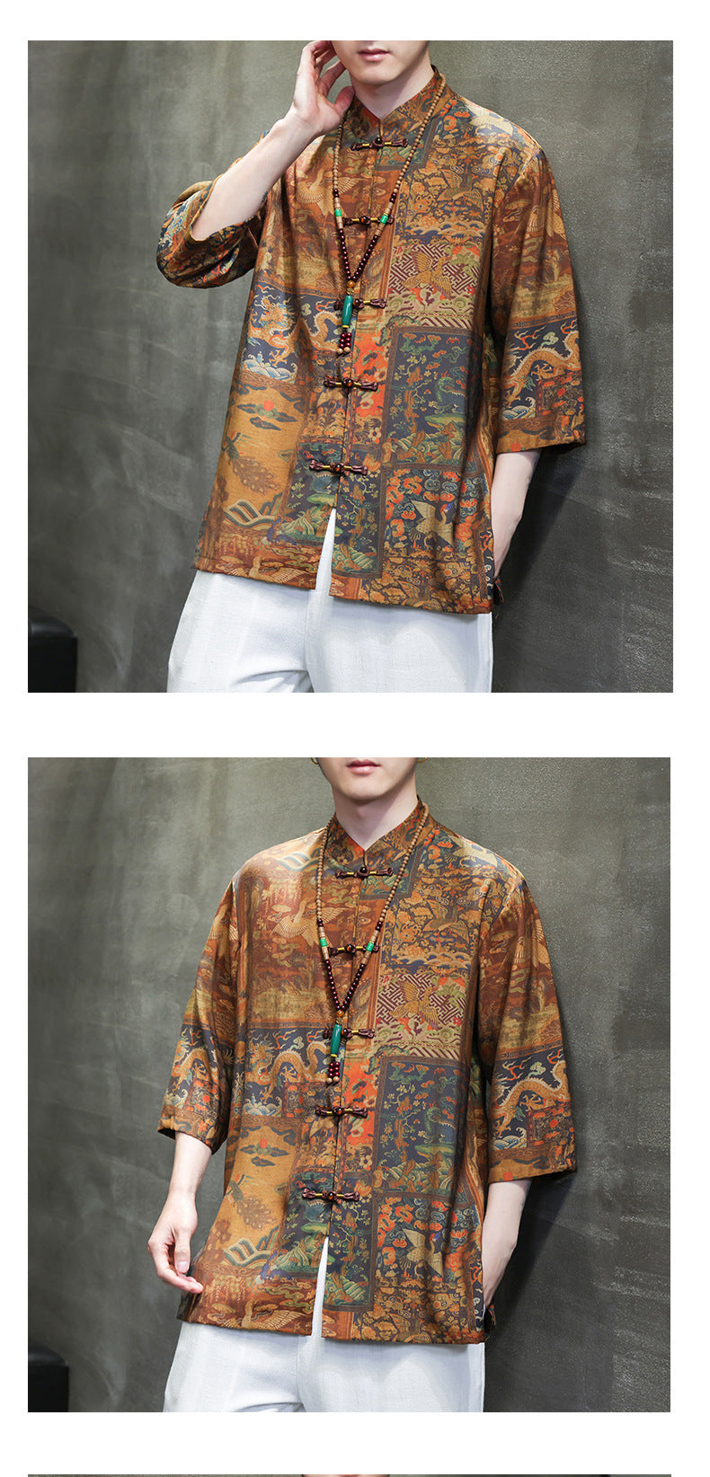 Mens Summer Chinese Tang Shirt Three Quarter Sleeve Fashion Trendy
