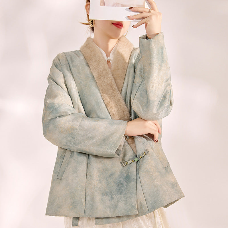 New Chinese Style Feather Collar Embroidered Cotton Jacket for Women