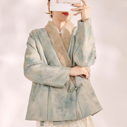 New Chinese Style Feather Collar Embroidered Cotton Jacket for Women