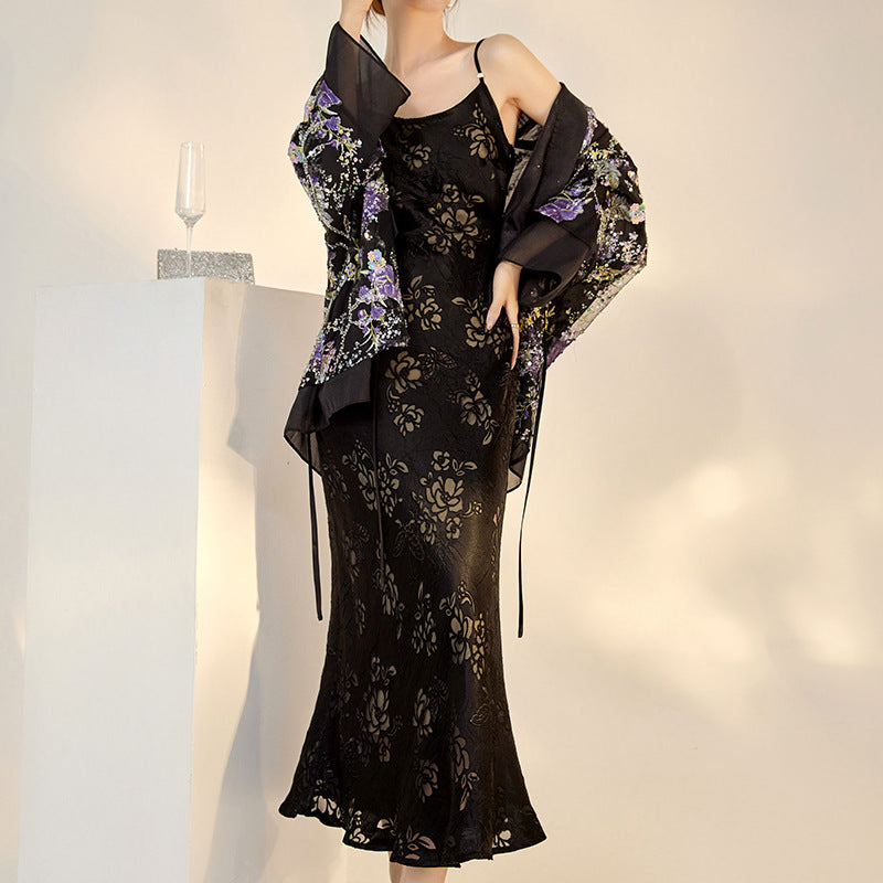 Elegant National Style Rayon Jacquard Embroidered Long Camisole Dress