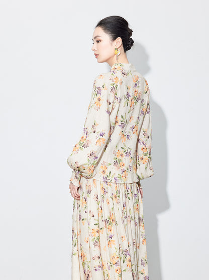 National Style Linen Floral Shirt & Skirt Two-Piece Set