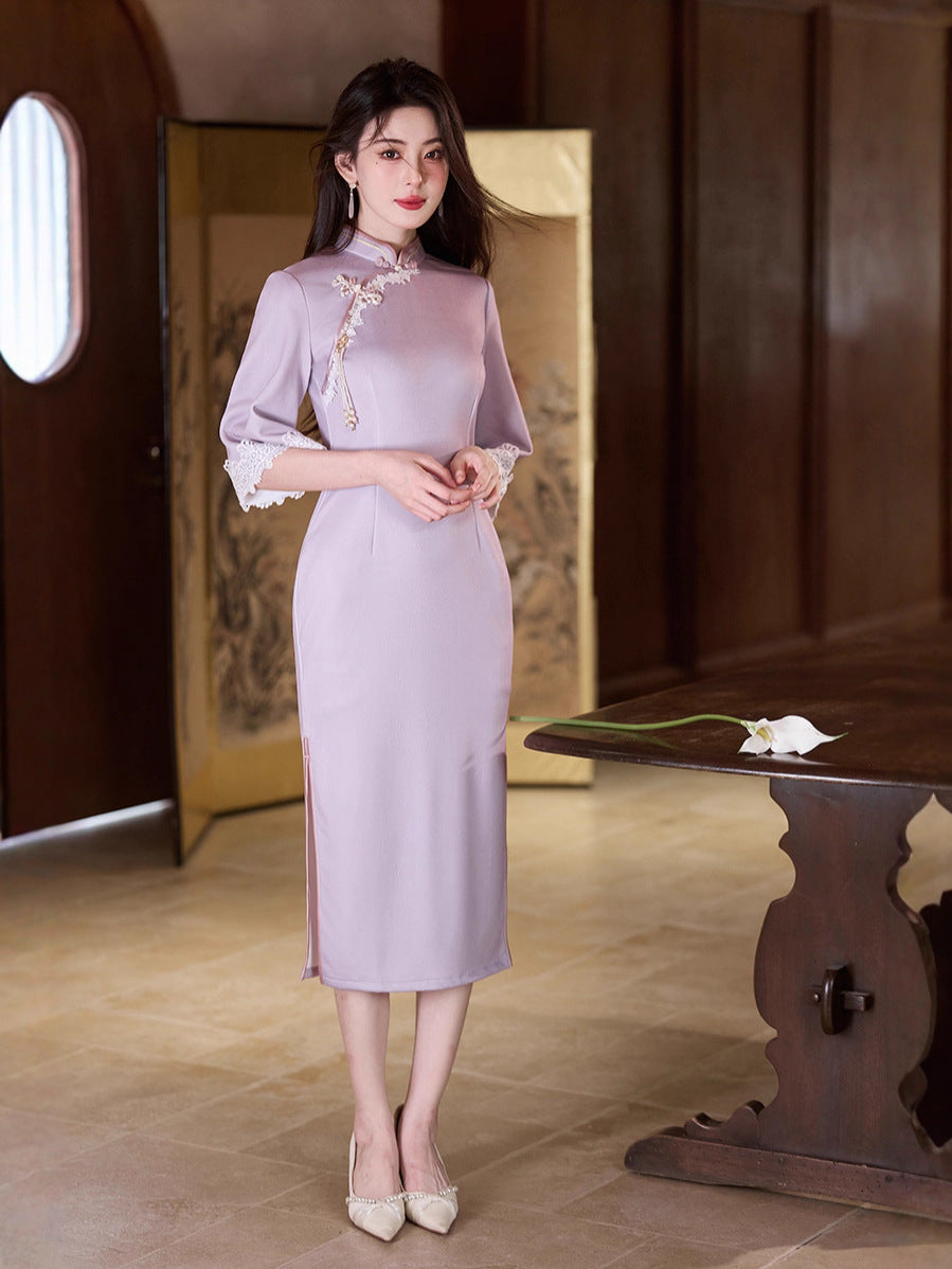 Purple Cheongsam 2025 – Elegant Young Chinese Style Autumn Dress