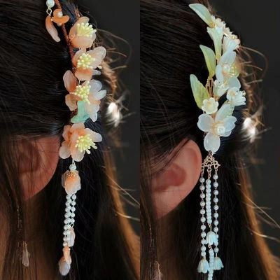 Orchid tassel headdress with side clips and new Chinese flower hairpins