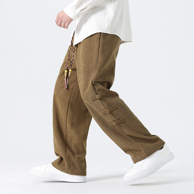 Chinese Style Mens Button Corduroy Pants Large Size Casual Sweatpants