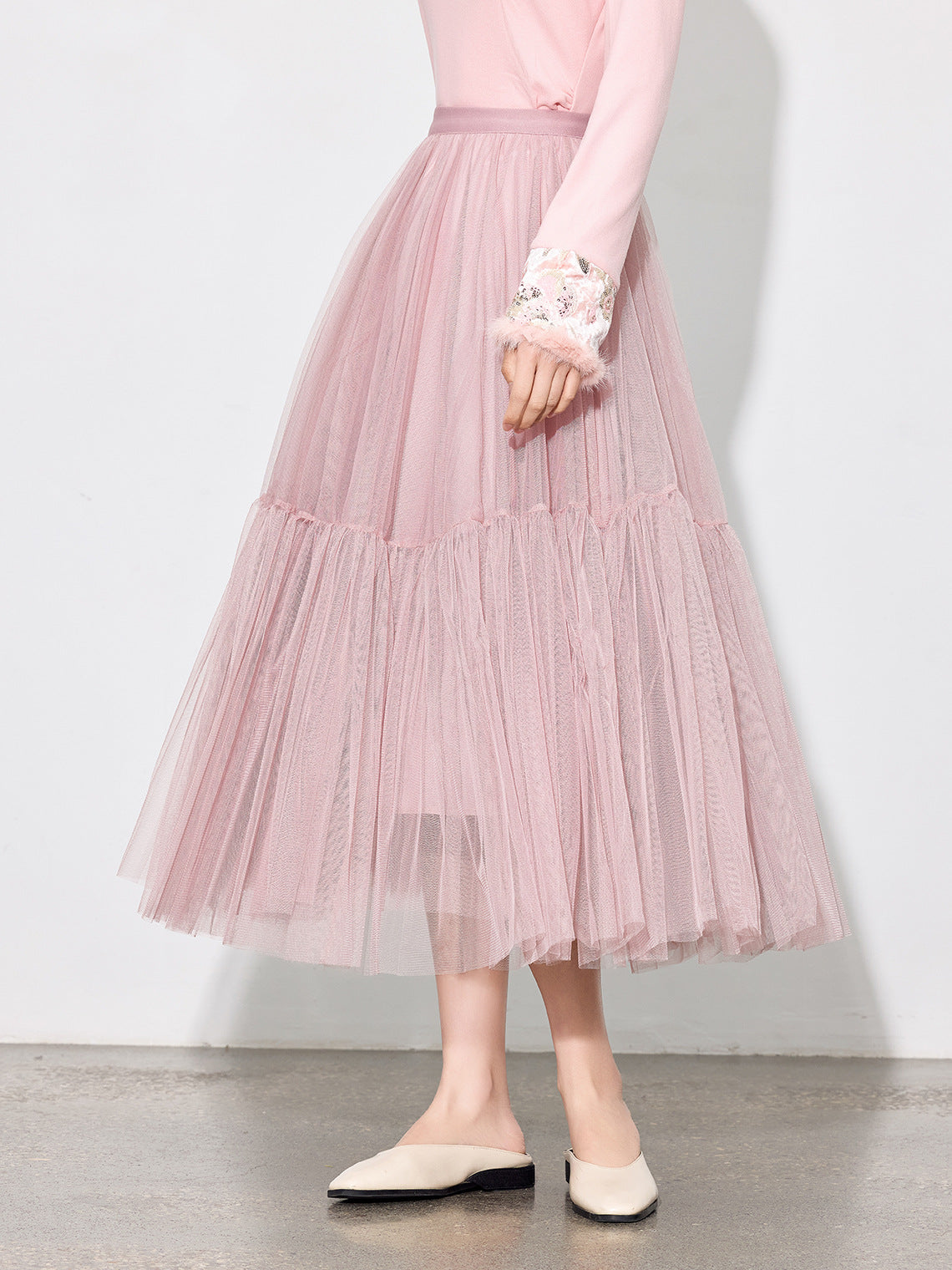 Luxury Pleated Mesh Skirt — Fairy-Inspired Layered Hem Midi