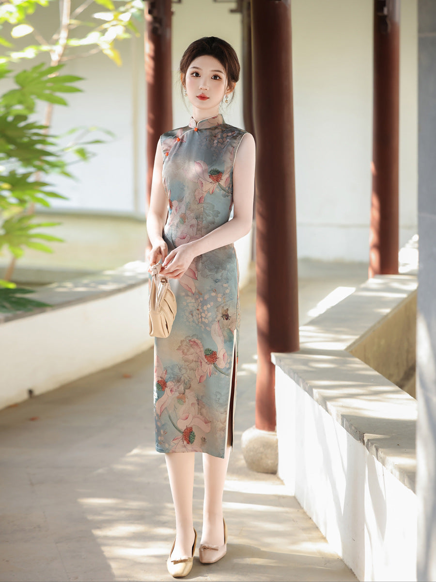 Oil Painting Print Sleeveless Cheongsam – Elegant Slim Dress