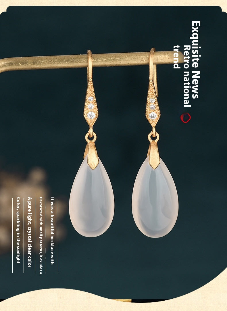 Classical Chinese Earrings | Elegant Agate Chalcedony Silver Jewelry for Women
