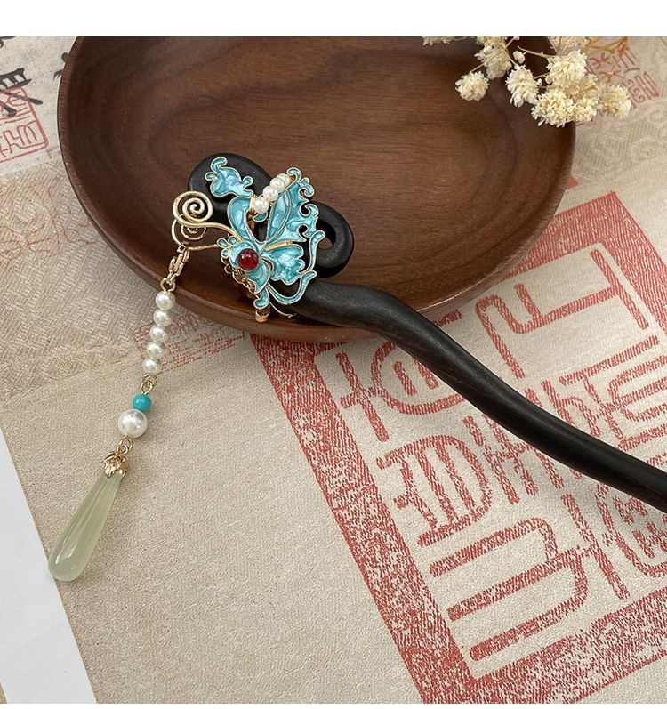 Ancient Style Imitation Jade Burnt Blue Butterfly Double Sided Hairpin