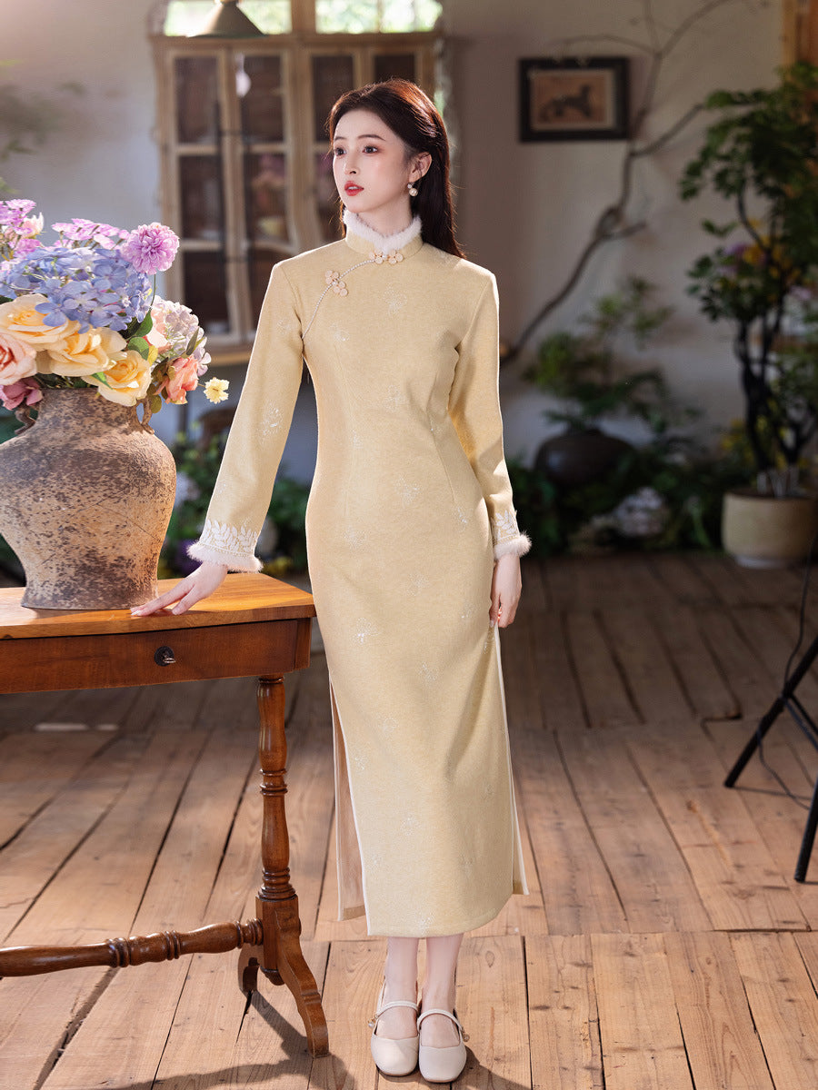 Yellow Fleece-Lined Qipao | Winter Thickened Long Sleeve New Chinese Style 2025