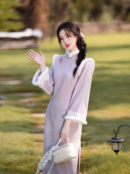 Embroidered National Style Qipao | Inverted Sleeve Winter Thickened Dress