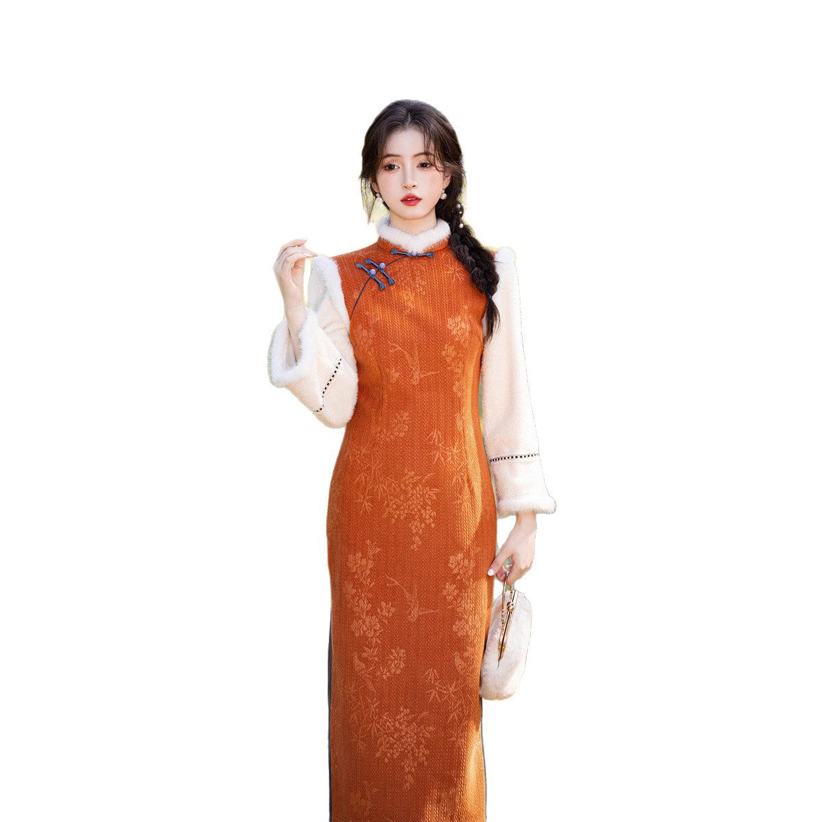 2025 Winter Chenille Fleece Long Cheongsam Patchwork New Chinese Style