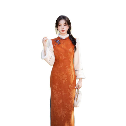 2025 Winter Chenille Fleece Long Cheongsam Patchwork New Chinese Style