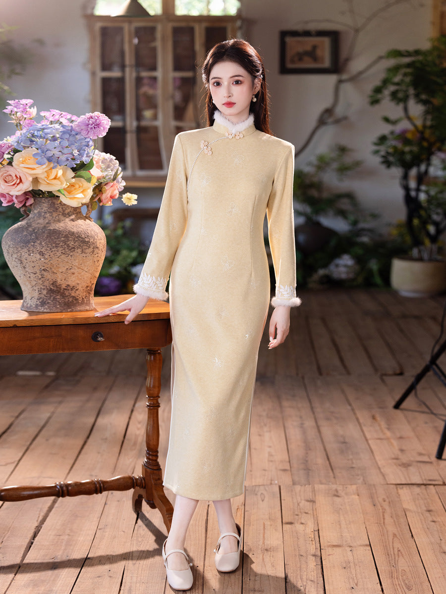 Yellow Fleece-Lined Qipao | Winter Thickened Long Sleeve New Chinese Style 2025