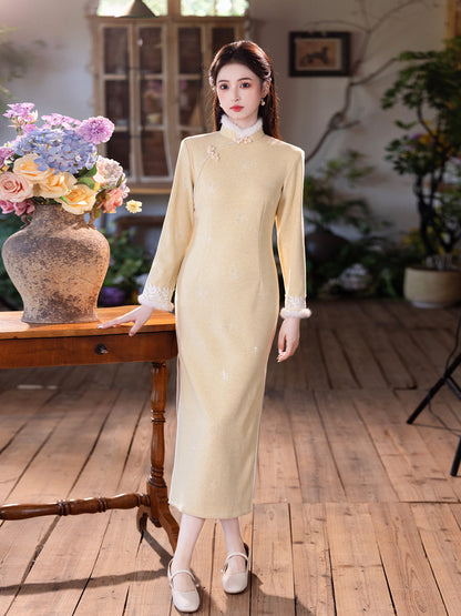 Yellow Fleece-Lined Qipao | Winter Thickened Long Sleeve New Chinese Style 2025