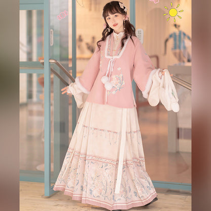 Trees of Sea Women Ming Hanfu Set: Fleece Lined Embroidered Collared Jacket & Horse Face Skirt New Year Outfit
