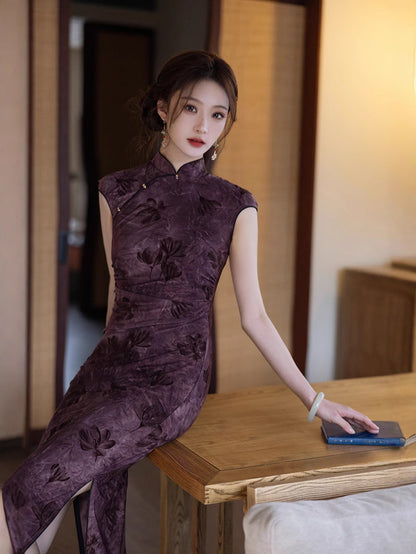 Elegant Purple Cheongsam – 2025 Slim Fit Retro Dress