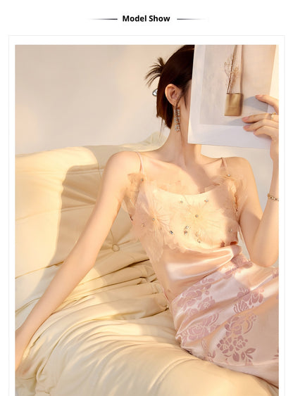 New Chinese Style Beaded Floral Acetate Top | Elegant Short Camisole