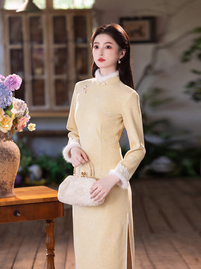Yellow Fleece-Lined Qipao | Winter Thickened Long Sleeve New Chinese Style 2025