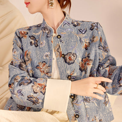 New Chinese Style Denim Jacket | Sequin Embroidery Elegant National Top