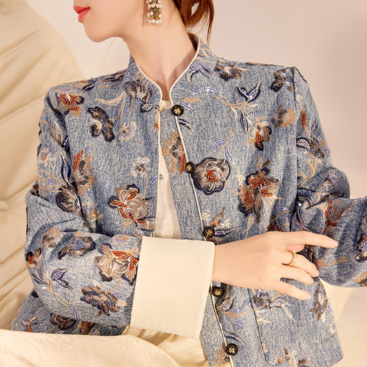 New Chinese Style Denim Jacket | Sequin Embroidery Elegant National Top
