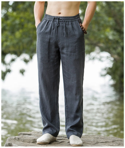 Mens Summer Thin Breathable Linen Pants Cotton Linen Wide Leg Casual