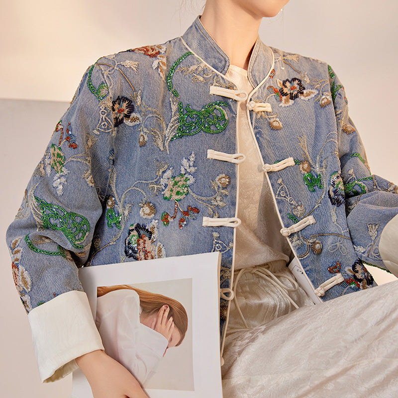 Blue Sequin Embroidered Denim Jacket High-End New Chinese Style