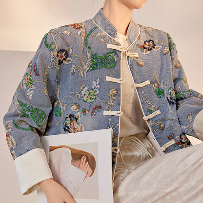 Blue Sequin Embroidered Denim Jacket High-End New Chinese Style