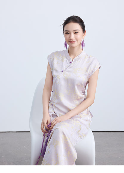 High-End Waist-Cinching Jacquard Top with Asymmetrical Collar