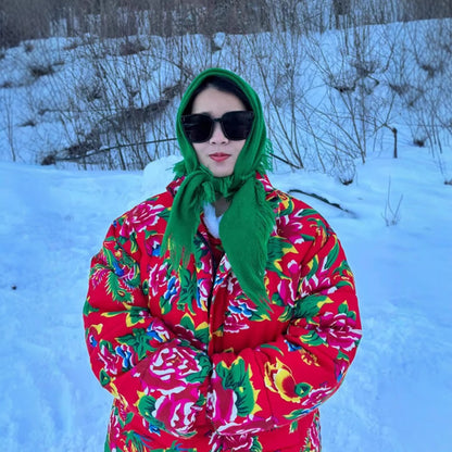 Festive Northeast Large Floral Cotton Jacket Loose Winter Coat