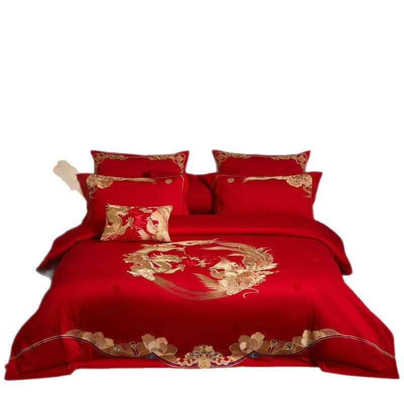 Luxury Cotton Wedding Bedding Set 4-Piece Embroidered Quilt Cover