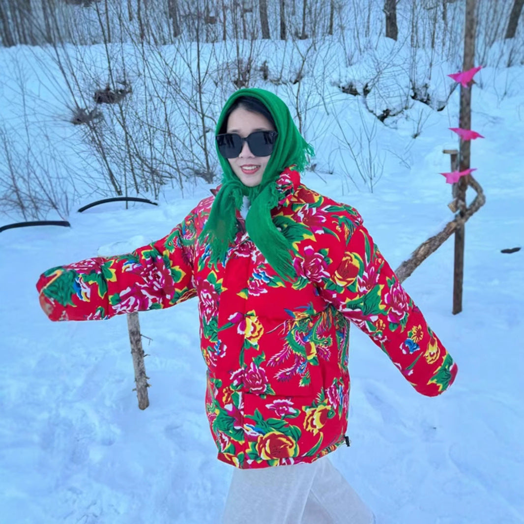 Festive Northeast Large Floral Cotton Jacket Loose Winter Coat