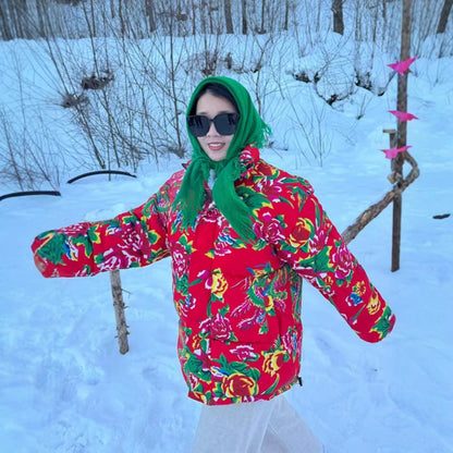 Festive Northeast Large Floral Cotton Jacket Loose Winter Coat