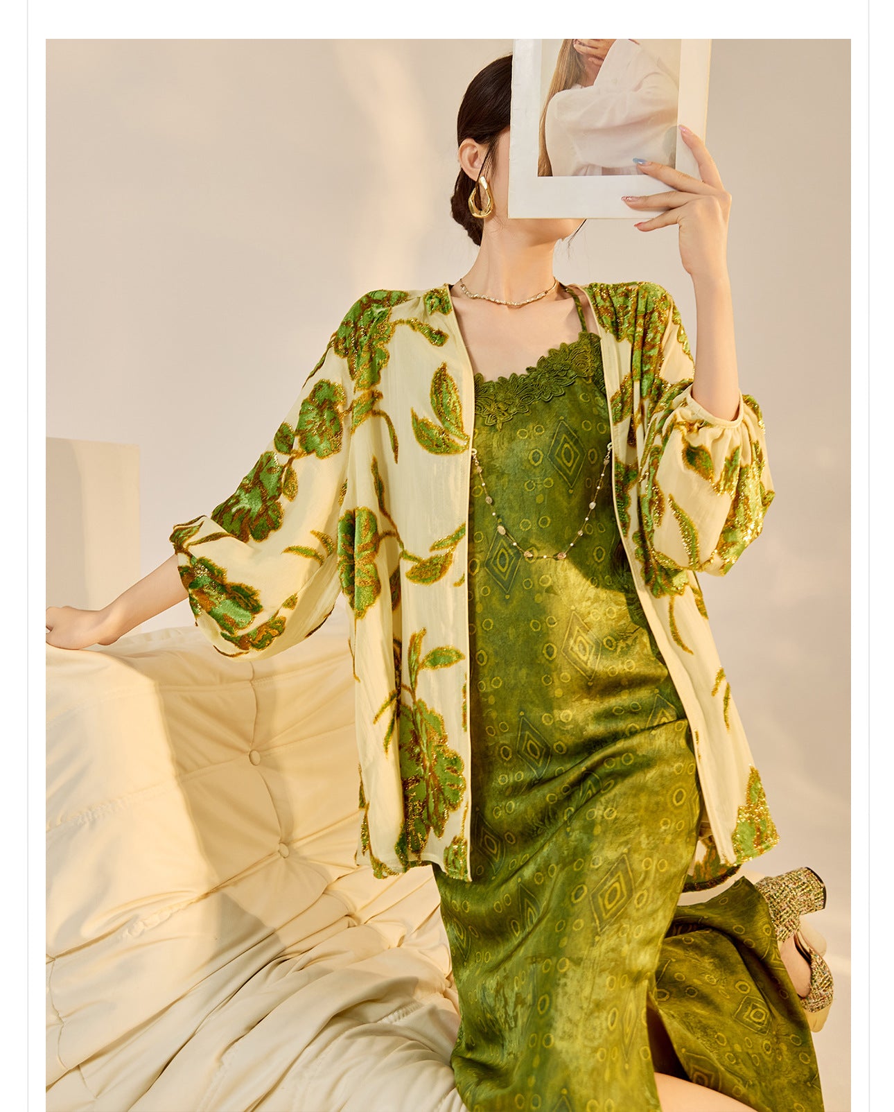 Velvet Burnout Jacket & Printed Cardigan Dress Set for Autumn