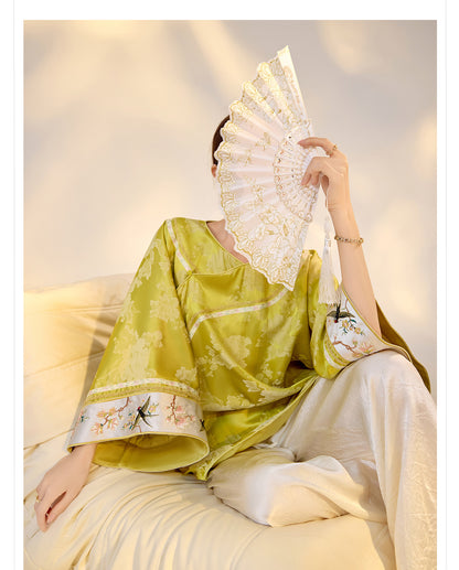 Elegant Yellow Jacquard Rayon Shirt New Chinese Style Top 2026