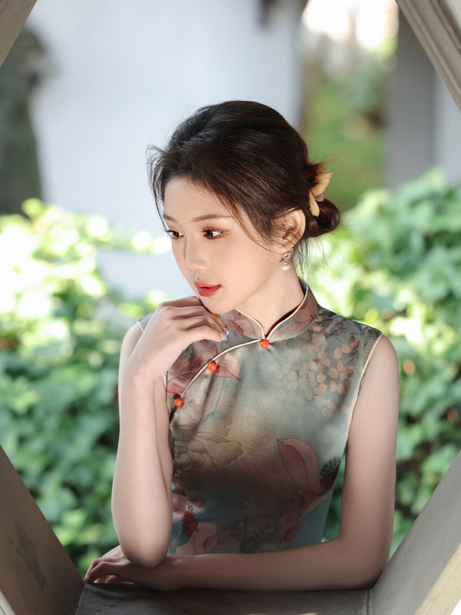 Oil Painting Print Sleeveless Cheongsam – Elegant Slim Dress
