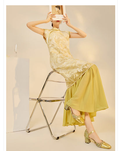 New Chinese Style Printed Cheongsam | Autumn Elegant Beaded Dress