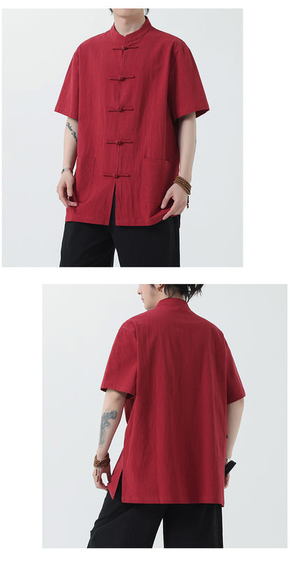 Chinese Style Mens Cotton Linen Shirt Half Sleeve Button Up Casual Top