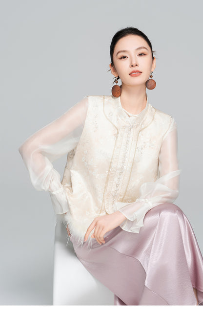 Elegant Stand Collar Jacquard Furry Vest