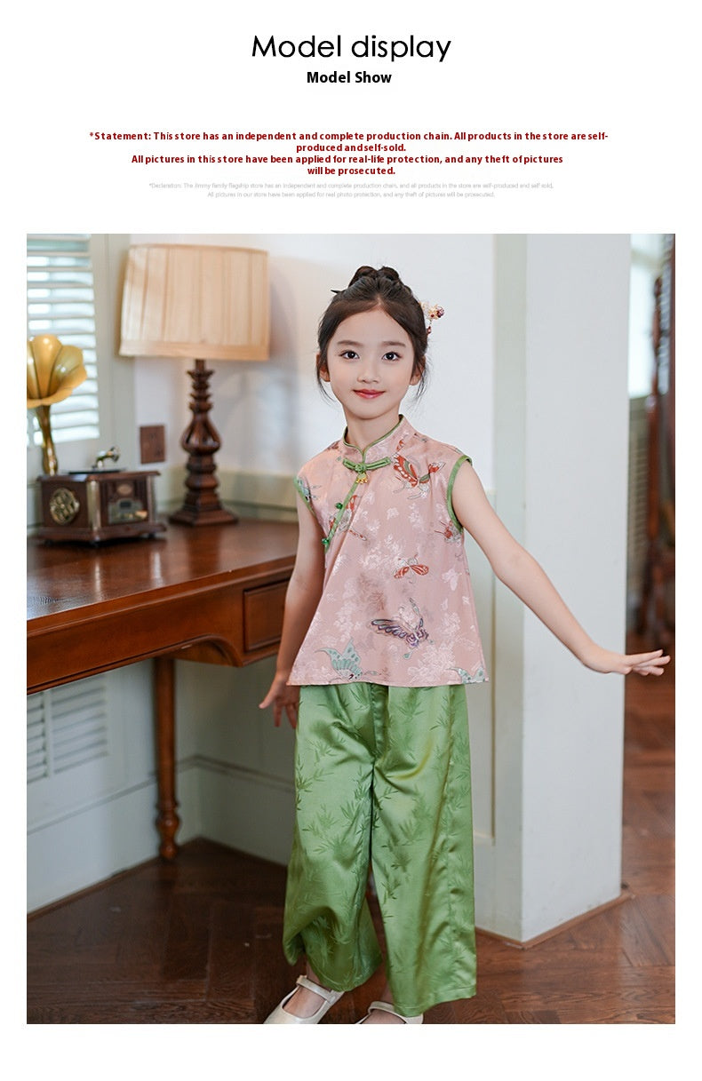 Retro Chinese Style Girls Two-Piece — Summer Cheongsam Top & Skirt